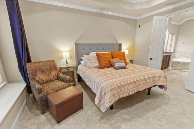 31428 Longwood Park Ln, Spring, TX 77386 - bedroom featuring ornamental molding, light colored carpet, and ensuite bathroom