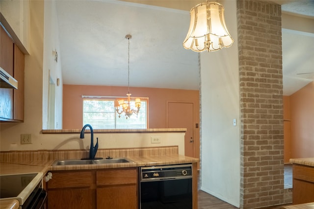 4822 Misty Shadows Dr, Houston, TX 77041 - kitchen with dishwasher, a chandelier, lofted ceiling, light countertops, and range