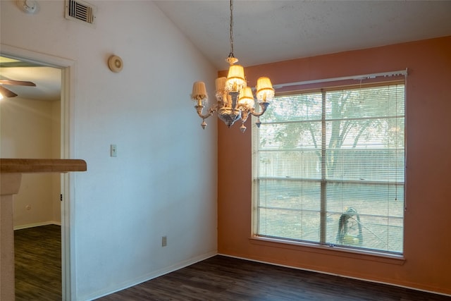4822 Misty Shadows Dr, Houston, TX 77041 - unfurnished dining area featuring a chandelier, dark wood-style flooring, ceiling fan, and lofted ceiling