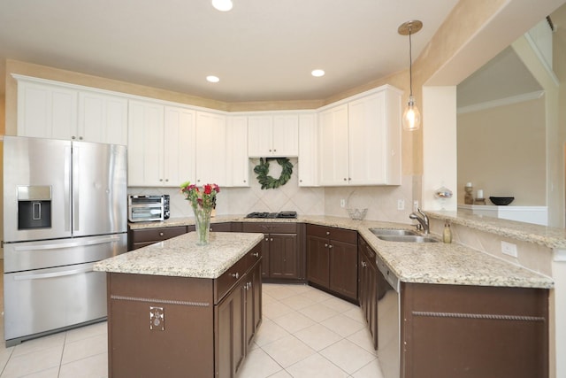 15802 Aberdeen Trails Dr, Houston, TX 77095 - kitchen featuring stainless steel appliances, light tile patterned flooring, dark brown cabinets, white cabinetry, and a peninsula