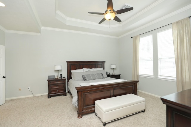15802 Aberdeen Trails Dr, Houston, TX 77095 - bedroom with light carpet, ornamental molding, a tray ceiling, and a ceiling fan