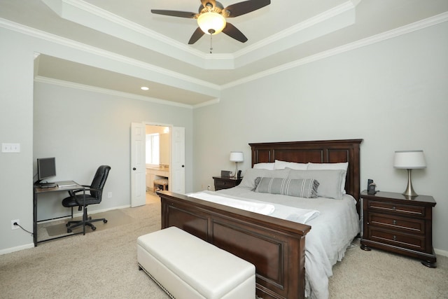 15802 Aberdeen Trails Dr, Houston, TX 77095 - bedroom featuring a tray ceiling, light colored carpet, an office area, ornamental molding, and ensuite bath