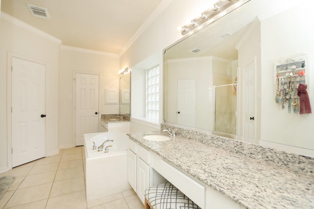 15802 Aberdeen Trails Dr, Houston, TX 77095 - bathroom with a bath, a shower stall, tile patterned flooring, vanity, and crown molding