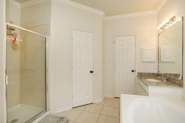 15802 Aberdeen Trails Dr, Houston, TX 77095 - bathroom with a stall shower, tile patterned floors, crown molding, vanity, and a bath