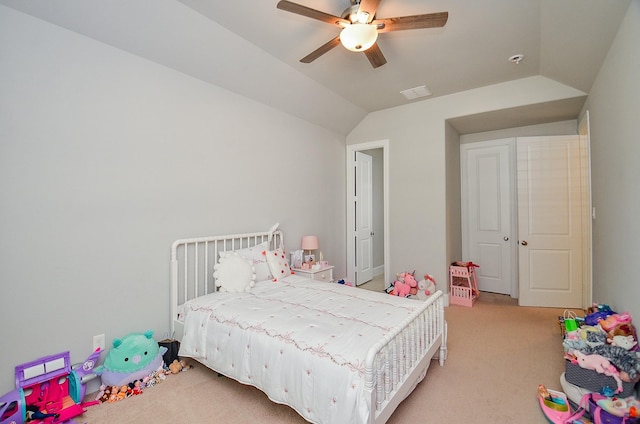 27522 Blackstone Canyon Ln, Katy, TX 77494 - bedroom featuring light carpet, vaulted ceiling, and a ceiling fan