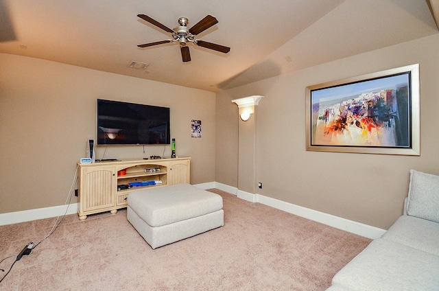 27522 Blackstone Canyon Ln, Katy, TX 77494 - living area featuring ceiling fan, light colored carpet, and lofted ceiling