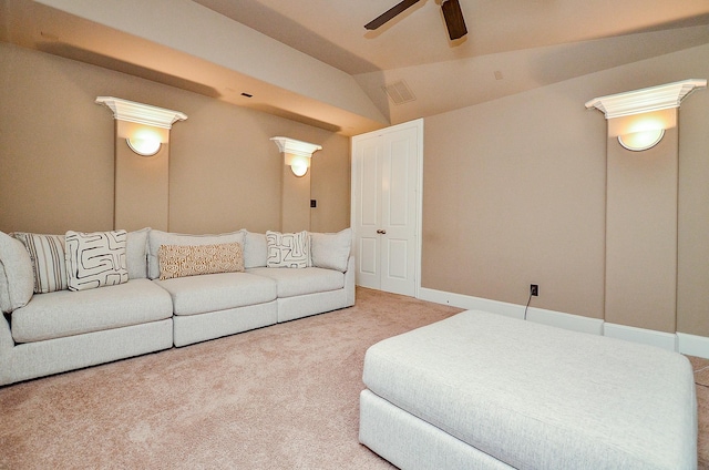 27522 Blackstone Canyon Ln, Katy, TX 77494 - living room with carpet floors, ceiling fan, and vaulted ceiling