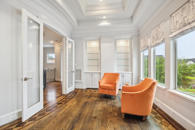 8304 Maple Ct, Bellaire, TX 77401 - living area with ornamental molding, french doors, dark wood finished floors, and recessed lighting
