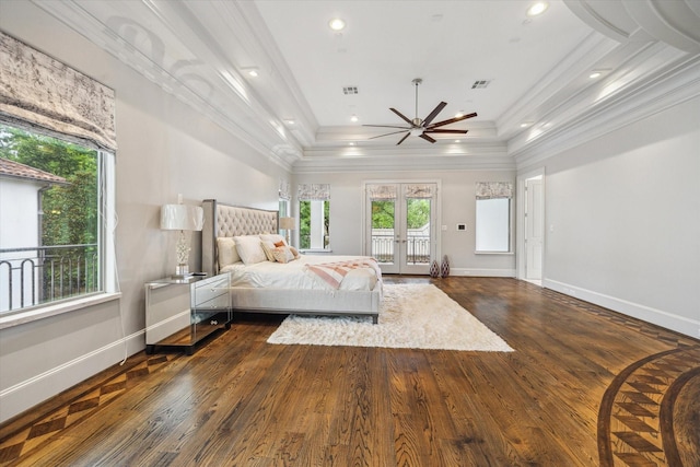 8304 Maple Ct, Bellaire, TX 77401 - bedroom with crown molding, access to outside, wood finished floors, french doors, and recessed lighting