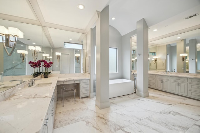 8304 Maple Ct, Bellaire, TX 77401 - full bath featuring two vanities, a soaking tub, recessed lighting, marble finish floors, and a shower stall