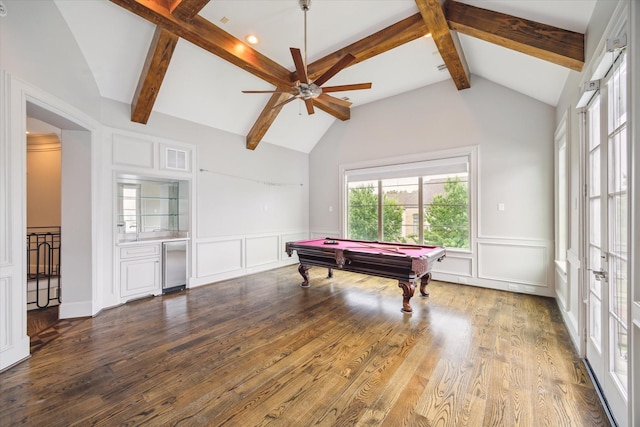 8304 Maple Ct, Bellaire, TX 77401 - playroom featuring a decorative wall, billiards table, ceiling fan, a wainscoted wall, and wood finished floors