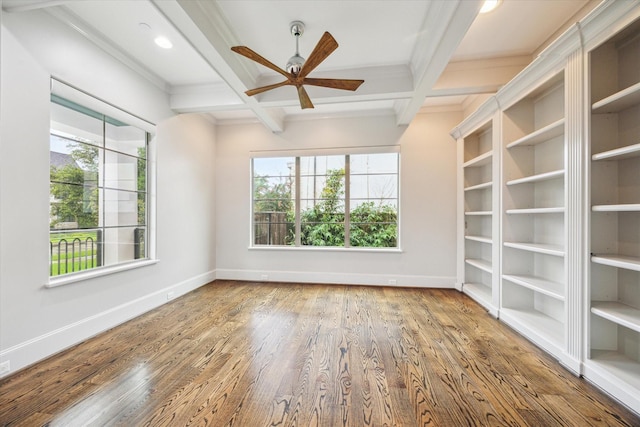 8304 Maple Ct, Bellaire, TX 77401 - unfurnished room with coffered ceiling, ornamental molding, ceiling fan, beamed ceiling, and wood finished floors