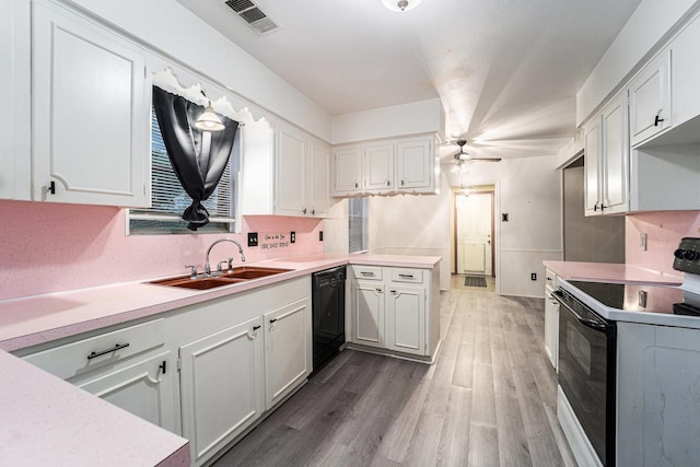 14030 Duncannon Dr, Houston, TX 77015 - kitchen featuring electric stove, dishwasher, wood finished floors, a ceiling fan, and light countertops