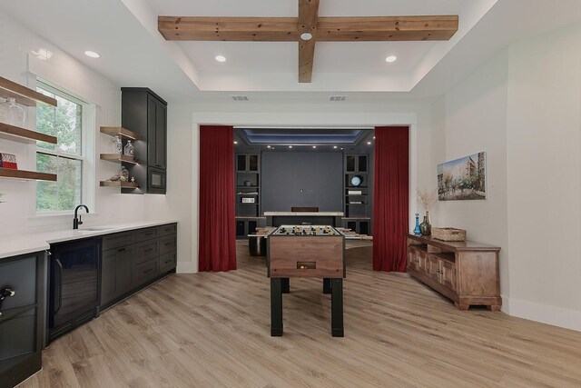 27003 Hidden Grove Landing Dr, Spring, TX 77386 - recreation room with wine cooler, light wood-style floors, beamed ceiling, and recessed lighting