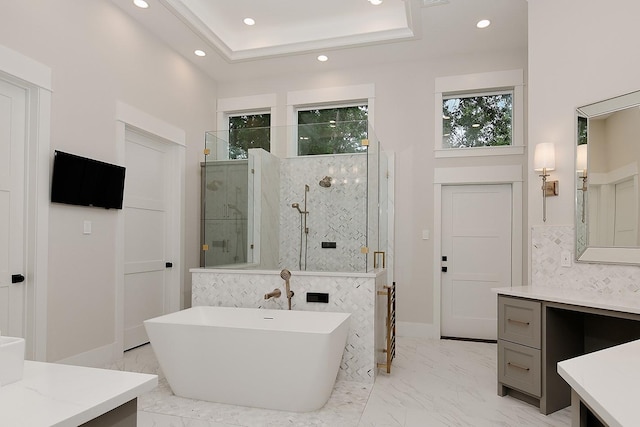 27003 Hidden Grove Landing Dr, Spring, TX 77386 - full bath with recessed lighting, a marble finish shower, a freestanding bath, marble finish floors, and vanity