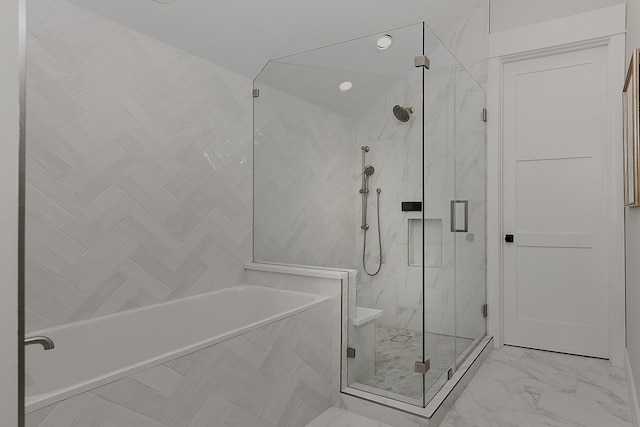 27003 Hidden Grove Landing Dr, Spring, TX 77386 - bathroom with a bath, a marble finish shower, marble finish floors, and recessed lighting