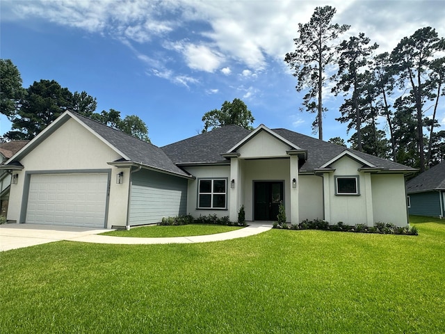 13978 Jamaica Cir, Willis, TX 77318 - ranch-style house with an attached garage, a front lawn, concrete driveway, roof with shingles, and stucco siding