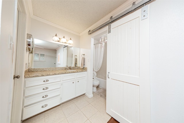 2026 Briar Ridge Dr, Rosenberg, TX 77471 - full bathroom with vanity, a textured ceiling, ornamental molding, tile patterned floors, and shower / bath combination with curtain