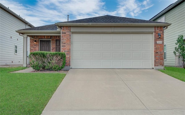 2666 Skyview Knoll Ct, Houston, TX 77047 - ranch-style house featuring brick siding, driveway, an attached garage, a front yard, and a shingled roof