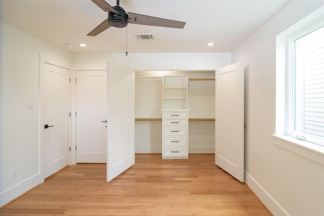 1037 Rutland St, Houston, TX 77008 - unfurnished bedroom featuring light wood-style flooring, recessed lighting, a closet, and a ceiling fan