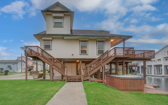16713 Kingston Way, Jamaica Beach, TX 77554 - rear view of house with a hot tub, stairs, a wooden deck, and a lawn