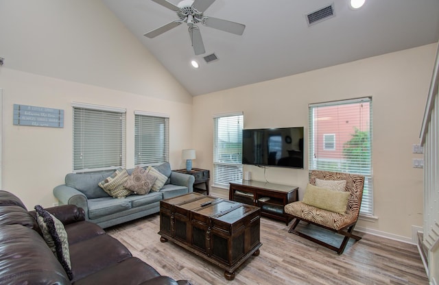 16713 Kingston Way, Jamaica Beach, TX 77554 - living room featuring a ceiling fan, light wood finished floors, high vaulted ceiling, and recessed lighting