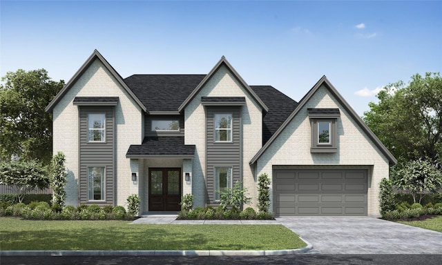 10310 Oak Point Dr, Houston, TX 77043 - view of front of house featuring french doors, driveway, a front yard, brick siding, and a shingled roof