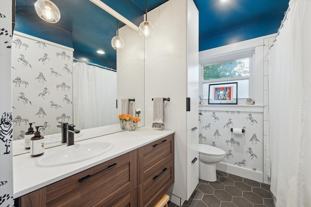 6210 Darnell St, Houston, TX 77074 - bathroom featuring vanity, tile patterned floors, and a shower with shower curtain
