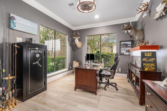 3038 S Island Dr, Seabrook, TX 77586 - office area featuring ornamental molding and light wood finished floors