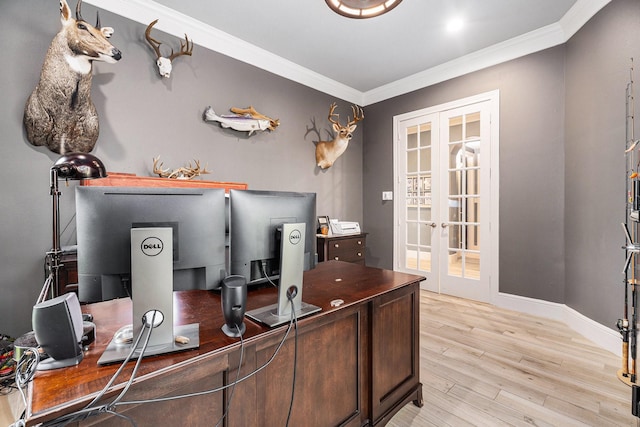 3038 S Island Dr, Seabrook, TX 77586 - office featuring french doors, crown molding, and light wood-style floors