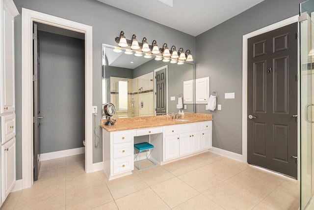 3038 S Island Dr, Seabrook, TX 77586 - bathroom with vanity, a stall shower, and tile patterned floors