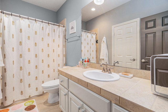 3038 S Island Dr, Seabrook, TX 77586 - bathroom featuring vanity, tile patterned floors, and curtained shower