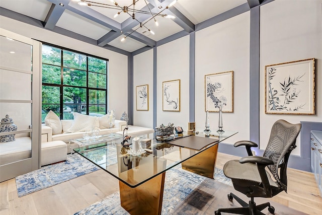 4622 Banning Dr, Houston, TX 77027 - office area with coffered ceiling, a chandelier, wood finished floors, and beamed ceiling