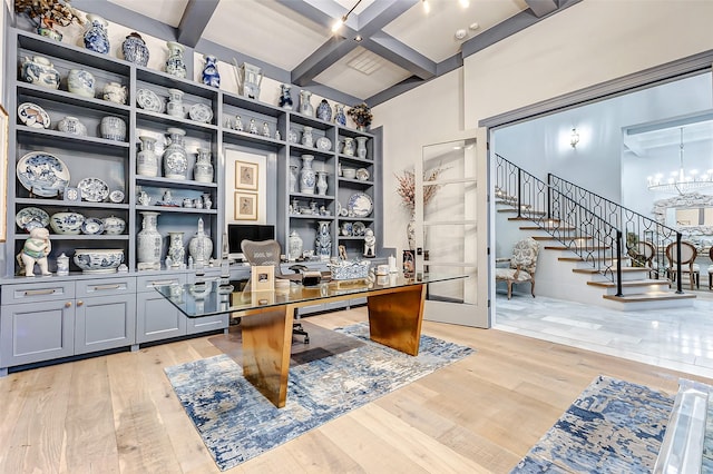 4622 Banning Dr, Houston, TX 77027 - office space with light wood-type flooring, coffered ceiling, beamed ceiling, and a chandelier