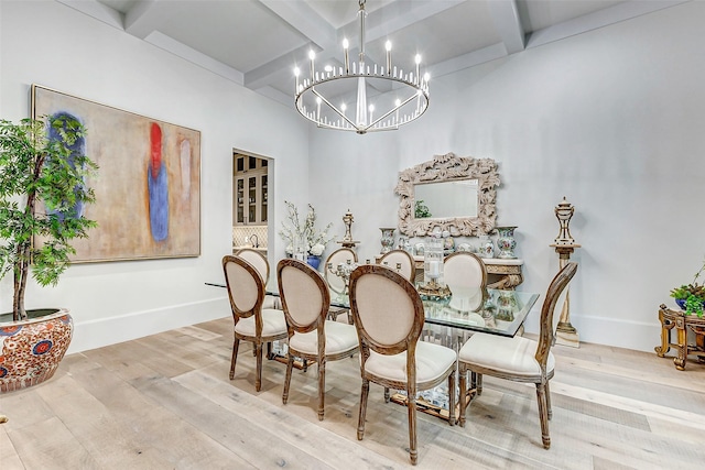 4622 Banning Dr, Houston, TX 77027 - dining space with coffered ceiling, a chandelier, beam ceiling, and wood finished floors