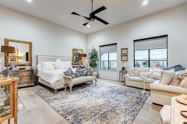 4622 Banning Dr, Houston, TX 77027 - bedroom with recessed lighting, light wood-style flooring, a ceiling fan, and a high ceiling