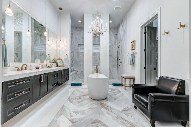 4622 Banning Dr, Houston, TX 77027 - bathroom featuring a marble finish shower, vanity, a freestanding bath, a chandelier, and marble tiled floors