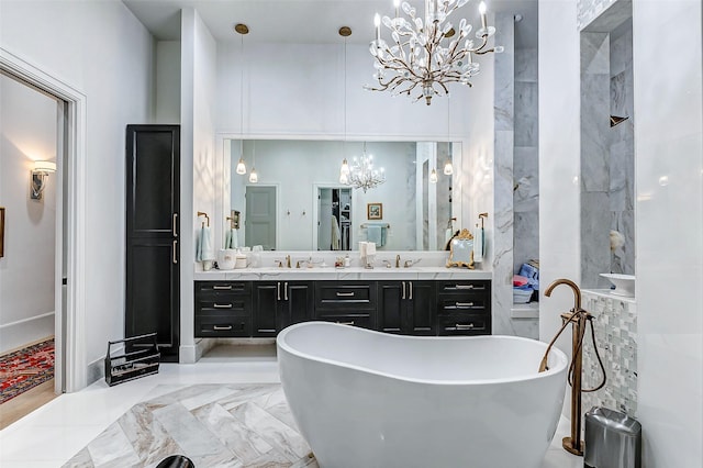 4622 Banning Dr, Houston, TX 77027 - full bath featuring a chandelier, a soaking tub, vanity, and marble finish flooring