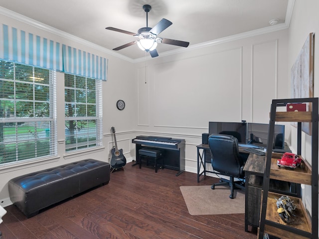 3314 Flint Valley Ln, Katy, TX 77494 - office area with crown molding, ceiling fan, and dark wood-style floors