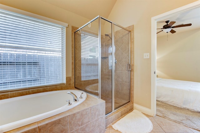 2407 Lost Bridge Ln, Pearland, TX 77584 - full bath with a garden tub, tile patterned flooring, ensuite bathroom, a shower stall, and a ceiling fan