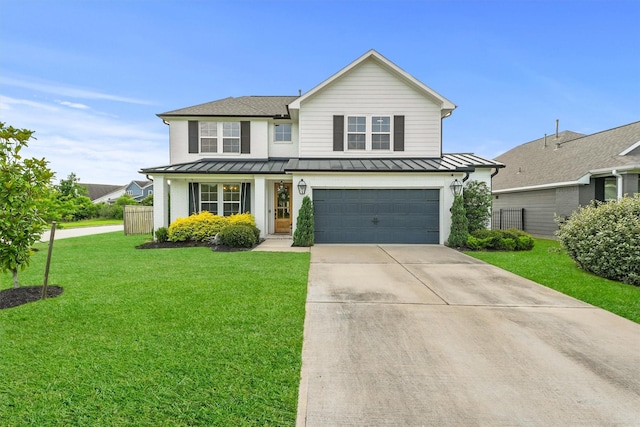 2307 Hagerman Rd, Conroe, TX 77384 - traditional-style house featuring a standing seam roof, concrete driveway, an attached garage, and a metal roof