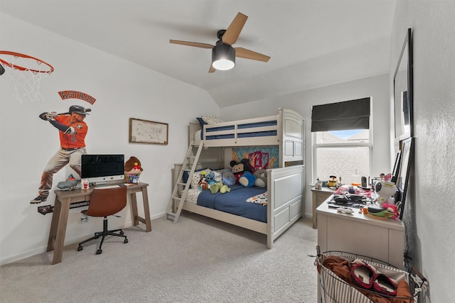 2307 Hagerman Rd, Conroe, TX 77384 - bedroom with light carpet, a desk, ceiling fan, and vaulted ceiling