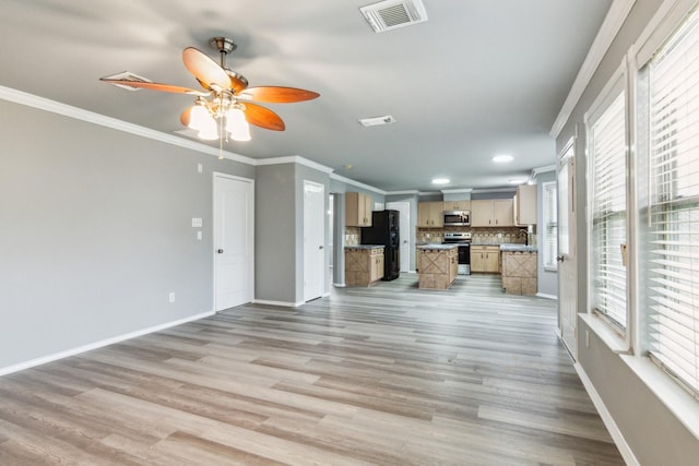 5911 Drenner Park Ln, Houston, TX 77086 - unfurnished living room featuring crown molding, ceiling fan, light wood-style floors, and recessed lighting
