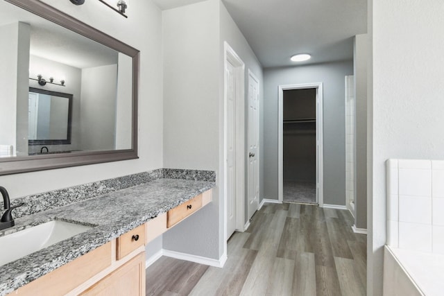 5911 Drenner Park Ln, Houston, TX 77086 - bathroom featuring wood finished floors, vanity, and a spacious closet