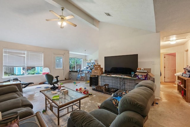 16145 Sun View Ln, Conroe, TX 77302 - living area featuring a ceiling fan, carpet flooring, beam ceiling, and high vaulted ceiling