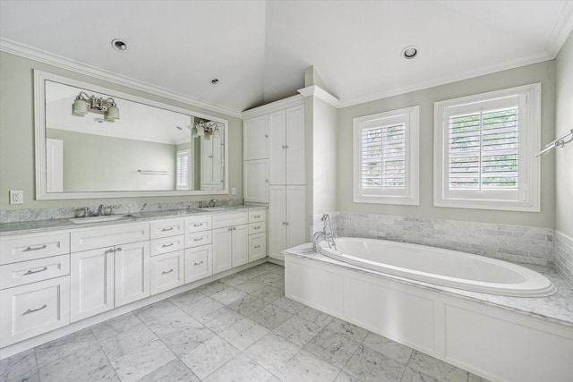 2127 Milford St, Houston, TX 77098 - bathroom featuring double vanity, a garden tub, lofted ceiling, and ornamental molding
