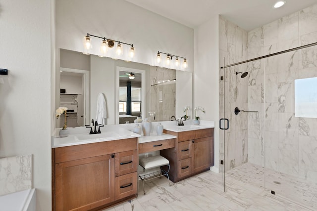 2234 Elm Rdg, Tomball, TX 77375 - full bath featuring marble finish flooring, a marble finish shower, vanity, a ceiling fan, and a bathtub