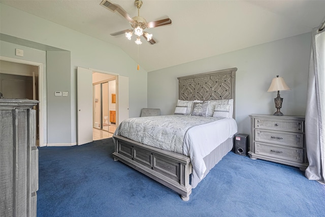 7838 Poitiers Dr, Houston, TX 77071 - carpeted bedroom featuring vaulted ceiling, ensuite bath, and ceiling fan