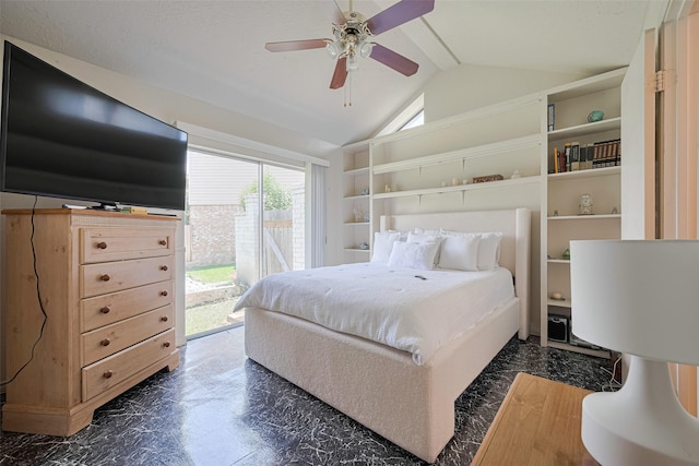 7838 Poitiers Dr, Houston, TX 77071 - bedroom with access to outside, vaulted ceiling, a ceiling fan, and dark marble finish flooring