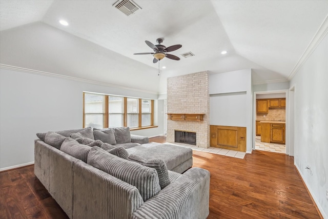 4331 Haven Glen Dr, Houston, TX 77339 - living room with lofted ceiling, a ceiling fan, wood finished floors, a fireplace, and recessed lighting